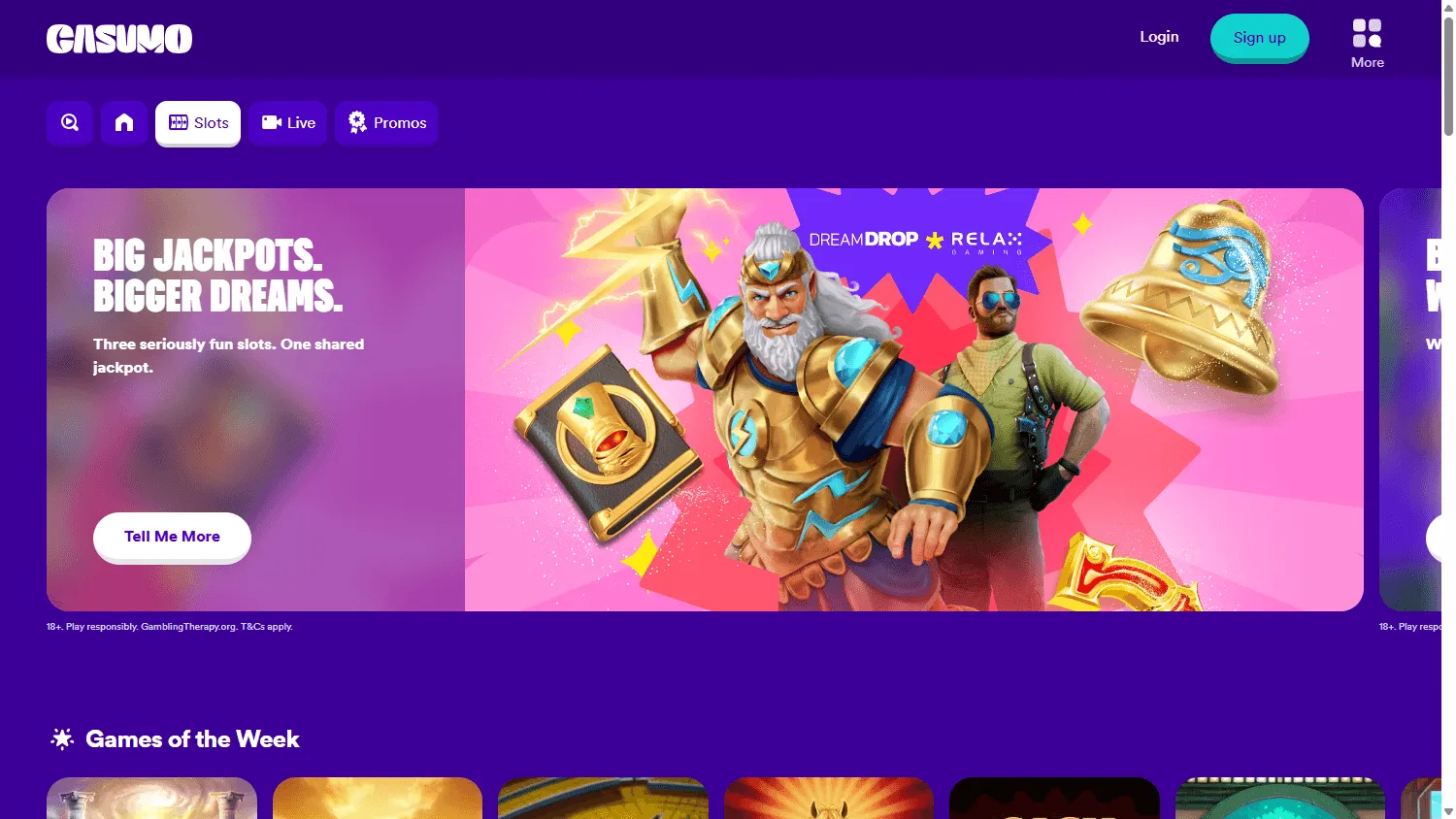 Casumo Casino games interface on desktop