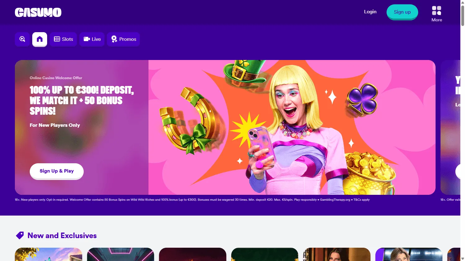 Casumo Casino home interface on desktop