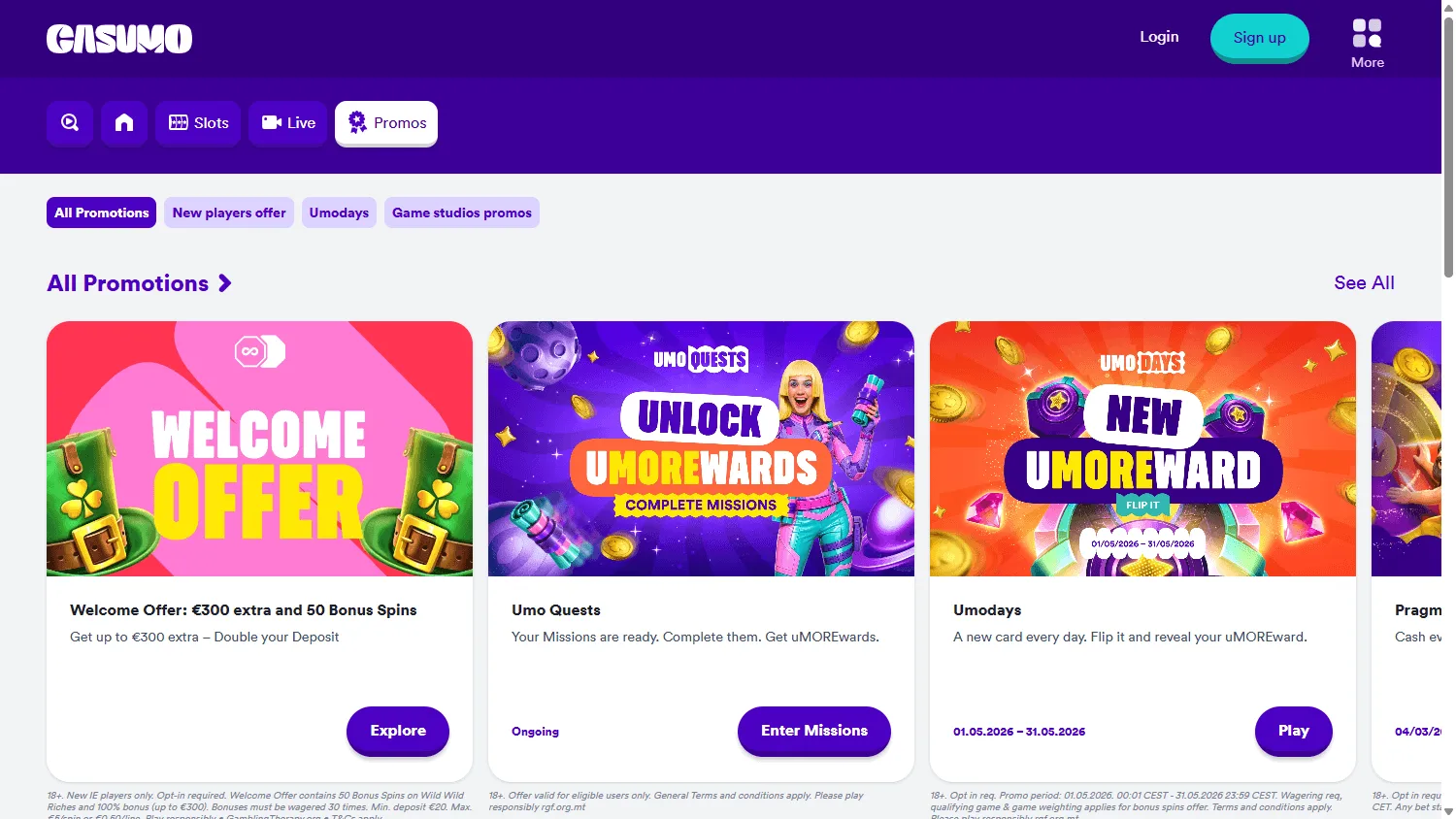 Casumo Casino promotions interface on desktop