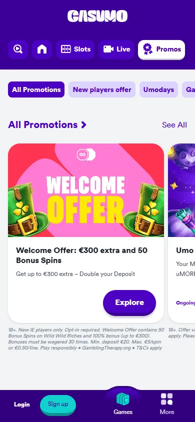 Casumo Casino promotions interface on mobile